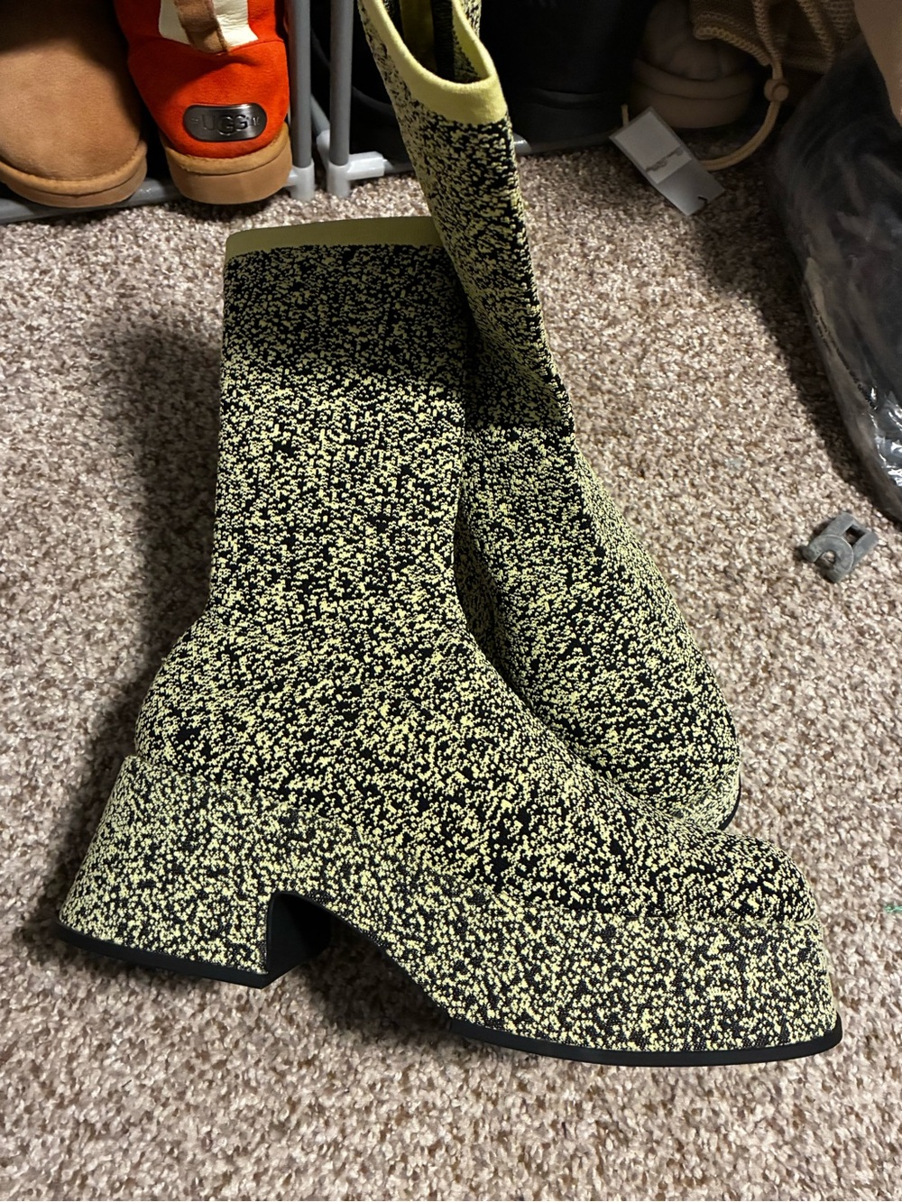 Charles & Keith Black and Neon Green Speckled Block Heel Sock Boots